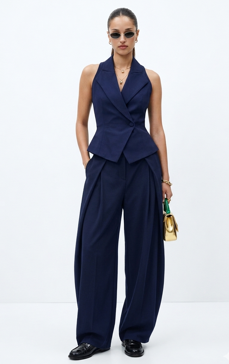 Navy Tailored Pleated Trousers