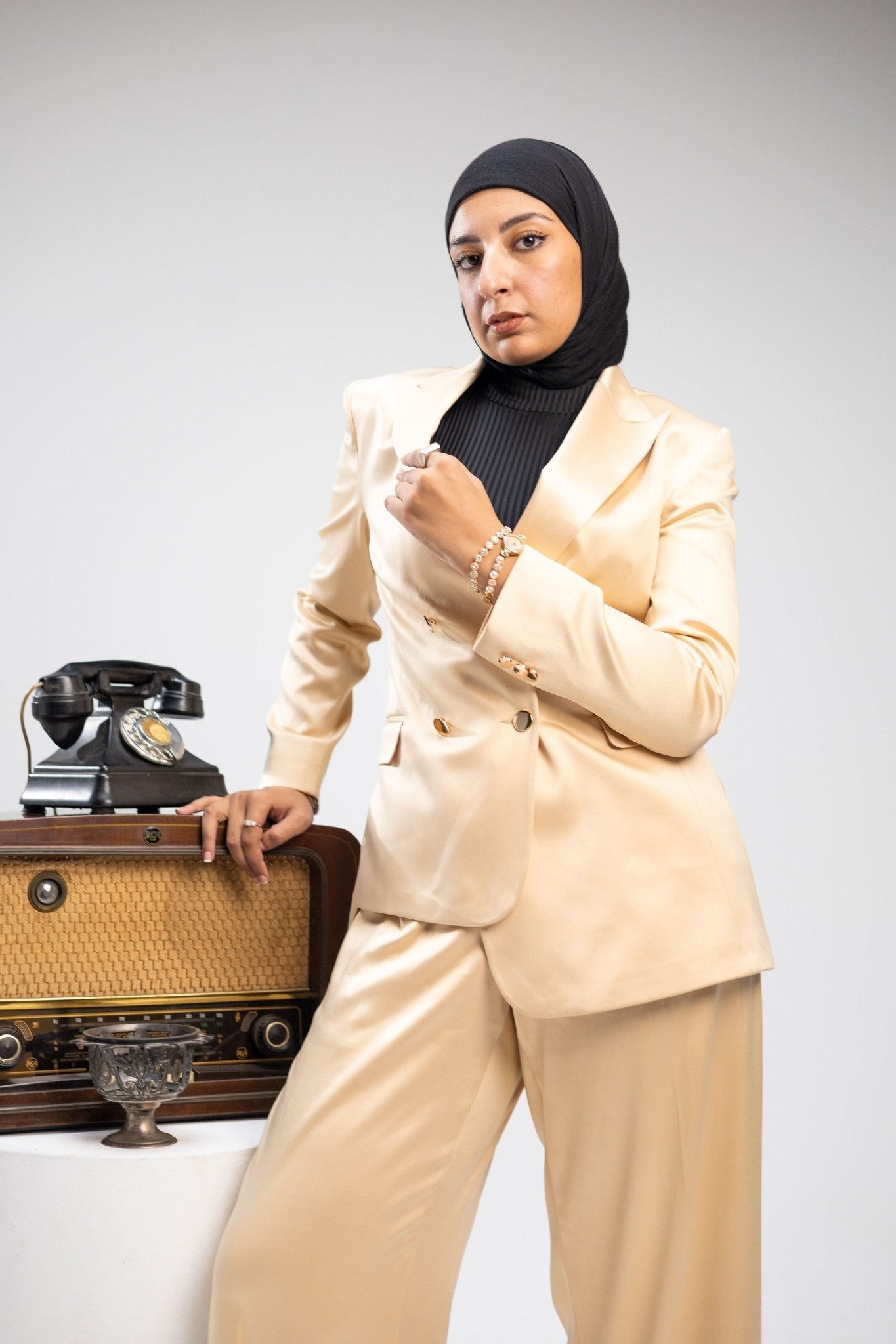 Beige Tailored Lace-Back Suit